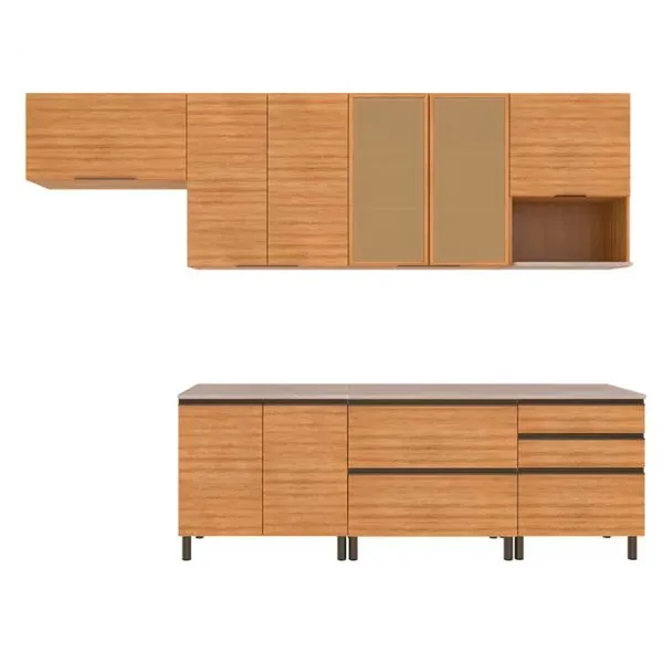 Cozinha Completa Bartira Cristal com 10 Portas, 5 Gavetas, 9 Prateleiras e Bancada Gourmet Lâmina Mel
