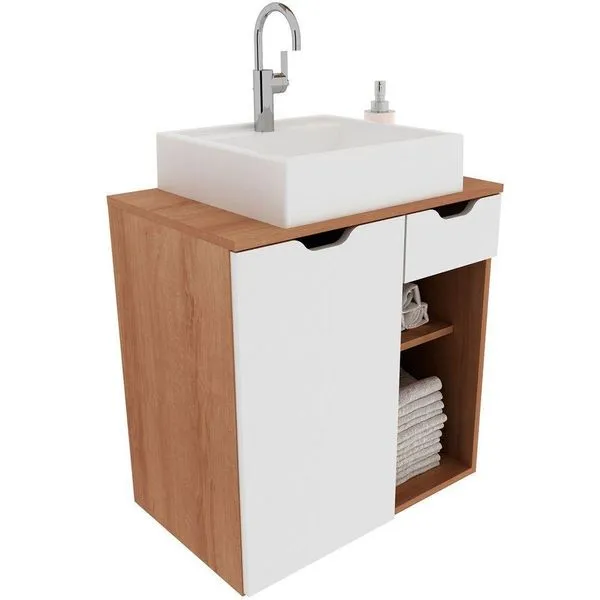 Gabinete De Banheiro 60 Cm 1 Porta Com Cuba Romana Amêndoa/branco