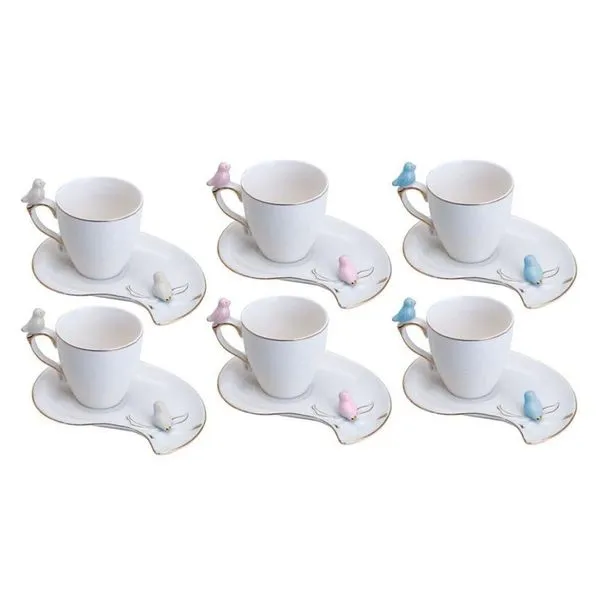 Conjunto 06 Xícaras De Café De Porcelana Cute Birds Design Plate 90 Ml Wolff