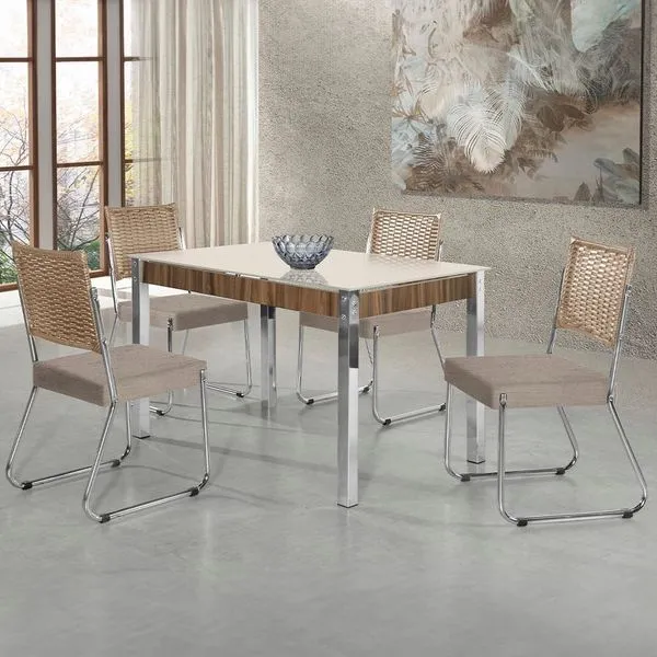 Mesa de Jantar Aço Nobre Cláudia com Tampo Kanon e 4 Cadeiras Bege/Nogal/Off White