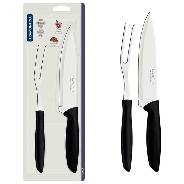Conjunto Faca Chef e Garfo Trinchante Tramontina Plenus - 2 Peças Preto com Inox