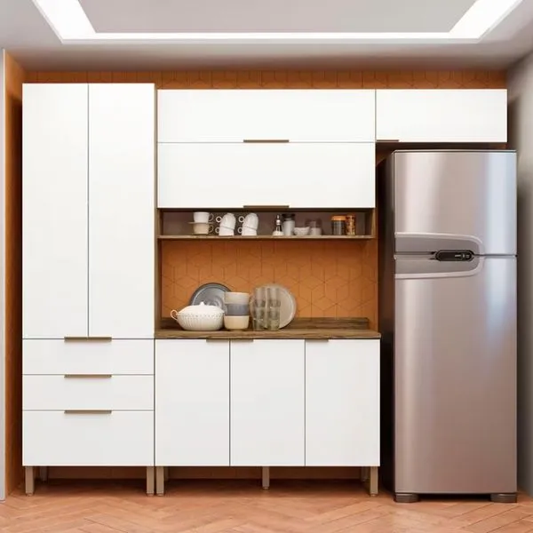 Cozinha Compacta Bartira Topázio UP com 8 Portas 3 Gavetas e 5 Prateleiras Damasco com Branco