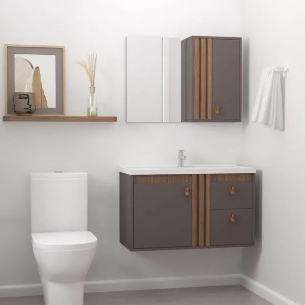 Gabinete Para Banheiro Olivia 80cm Suspenso Preto/jequitibá
