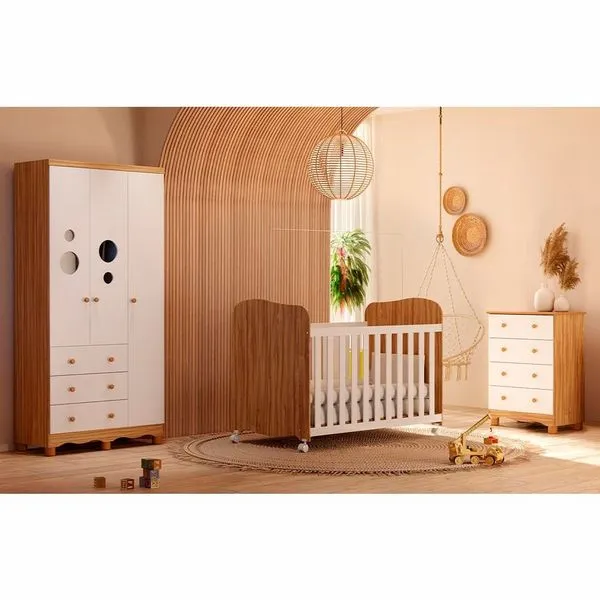 Guarda-Roupa Infantil Peroba Duda Plus com 92 cm de largura + Cômoda com 1 Porta, 4 Gavetas, 1 Prateleira com 65,1 cm de largura + Berço Branco com Amêndoa