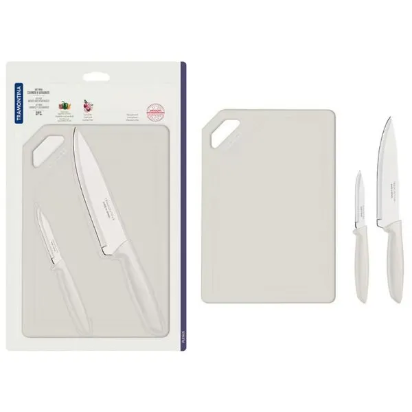 Conjunto de Facas e Tábua de Corte Tramontina Plenus em Aço Inoxidável - 3 Peças Off White