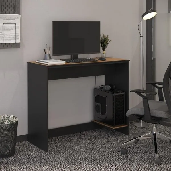 Mesa Para Escritório Com Passa Fios E Tampo Usinado Tech - Preto E Cedro