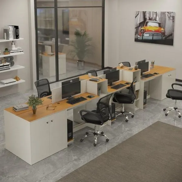 Estação De Trabalho 6 Lugares Tech Office 6 Mesas 4 Armários - Off White E Cedro Off White E Cedro