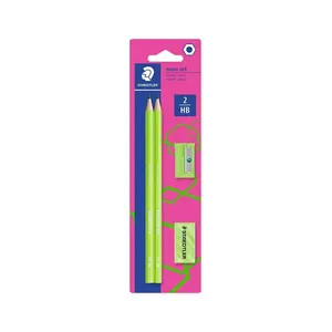 Kit Escrita Staedtler Neon Verde com 2 Lápis Grafites Wopex, 1 Borracha e 1 Apontador Basic