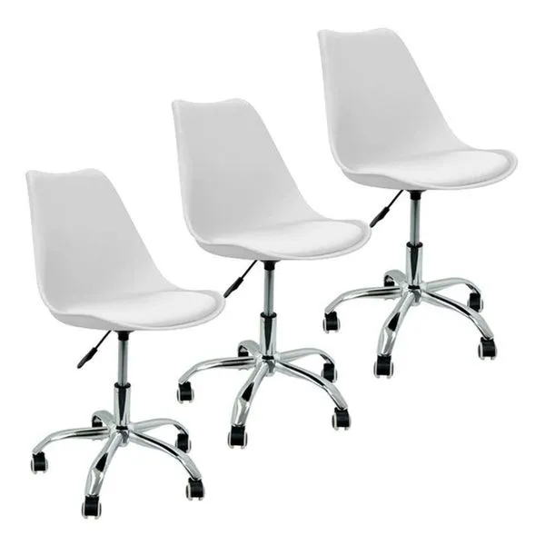 Kit 3 Cadeira Home Office Leda Giratória, Base Cromada Com Rodízios, Regulagem De Altura,branco