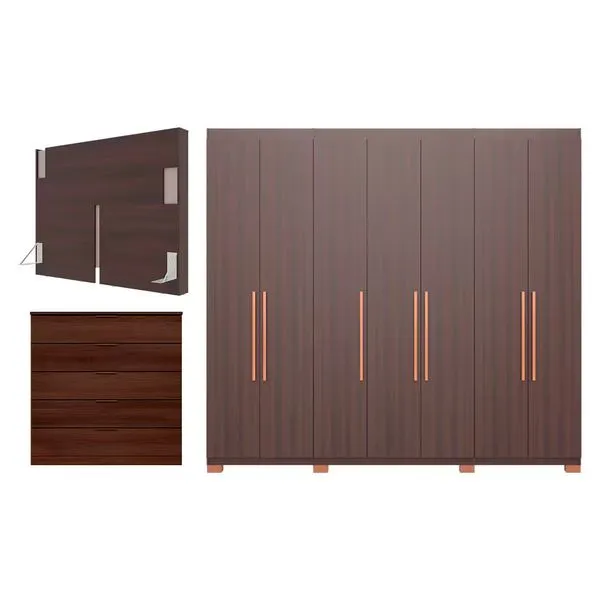 Guarda Roupa Bartira Diplomata com 7 Portas e 6 Gavetas Cômoda Diplomata com 5 Gavetas Cabeceira para Cama Box Casal e Queen Diplomata Café/Capuccino