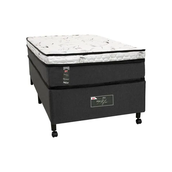 Cama Box Solteirão Castor New Alfa One em tecido Poliéster + Colchão de com Molejo Tecnopedic, Euro Pillow em Malha 24x100x200cm Cinza com Branco
