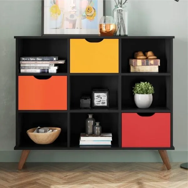 Conjunto Nicho Organizador Kenya 9 Espaços Retrô Preto + Kit 3 Gavetas Coloridas