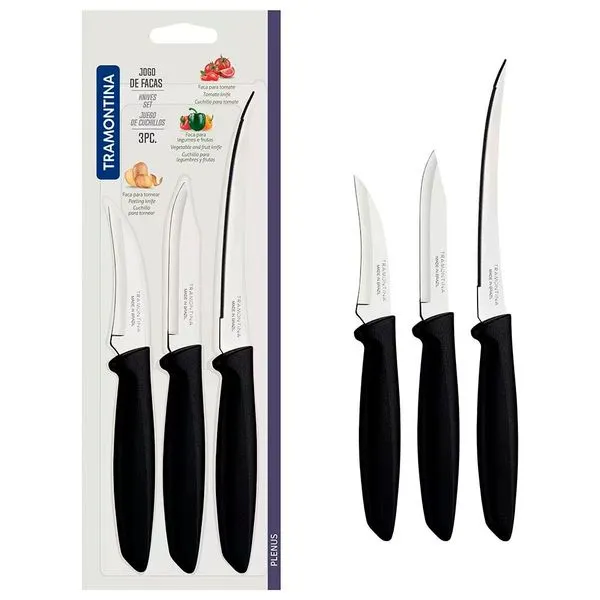 Conjunto de Facas Tramontina Plenus em Aço Inox e Polipropileno 3 Peças Preto e Inox