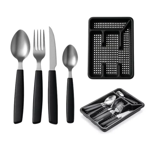 Faqueiro 24 Peças Com Suporte Gaveteiro Organizador De Talheres Baviera Preto Mek