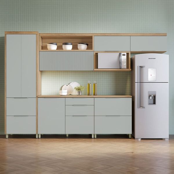 Cozinha Completa Nesher Marquesa com 7 Portas e 6 Gavetas 350cm Nature com Verde