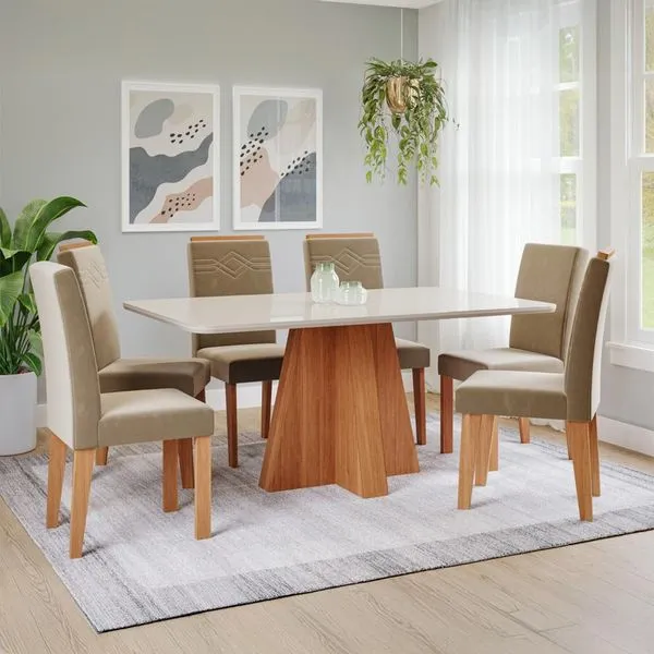 Conjunto de Mesa Retangular com Tampo de Vidro Off White Maitê e 6 Cadeiras Tais e Maia Suede Joli e Amadeirado