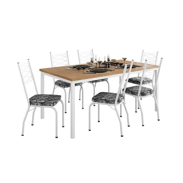 Conjunto de Mesa Retangular com Tampo de MDP Amadeirado e 6 Cadeiras Adriana I Revestimento Sintético Silver e Branco