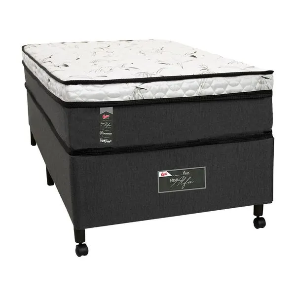 Cama Box Solteiro Castor New Alfa One em tecido Poliéster + Colchão de com Molejo Tecnopedic, Euro Pillow em Malha 24x88x188cm Branco com Cinza