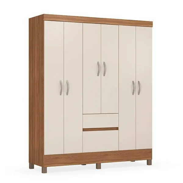 Guarda-Roupa Solteiro Sória 6 Portas 2 Gavetas Amêndola e Off White