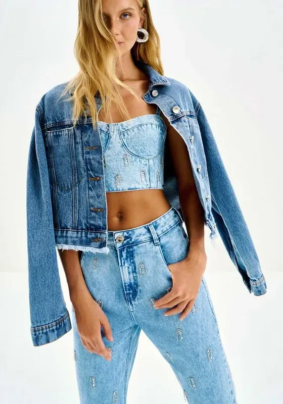 Blusa Jeans Cropped Corset com Strass JEANS PP