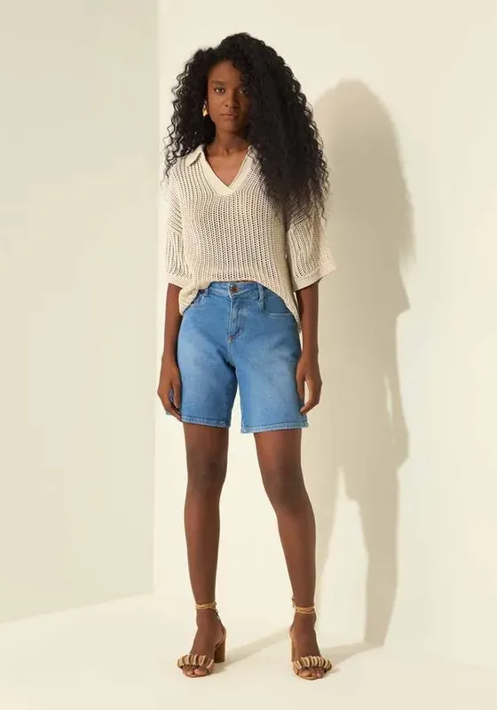 Bermuda Jeans Boyfriend Com Cintura Média JEANS 36