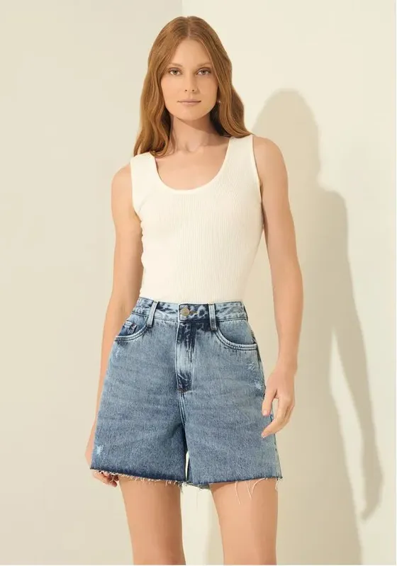 Bermuda Jeans De Cintura Alta Com Barras A Fio JEANS 36