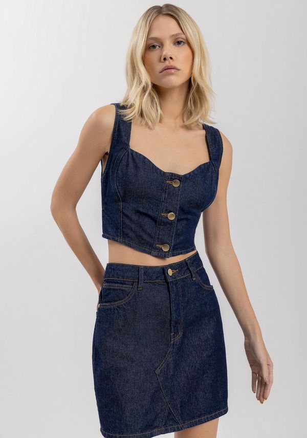Blusa Cropped Em Jeans Com Alças Largas E Decote Princesa JEANS P