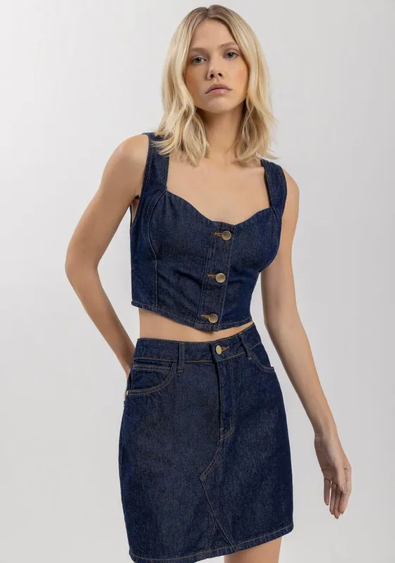 Blusa Cropped Em Jeans Com Alças Largas E Decote Princesa JEANS P