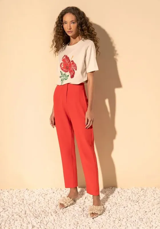 Calça Slim De Cintura Alta Em Alfaiataria Com Pences VERMELHO CLAIR P