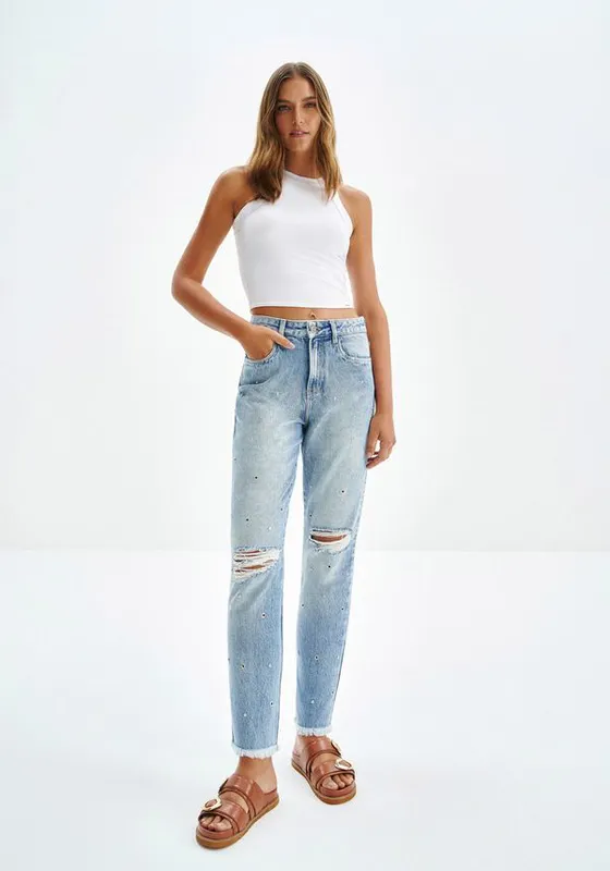 Calça Jeans Mom Destroyed com Strass JEANS 42