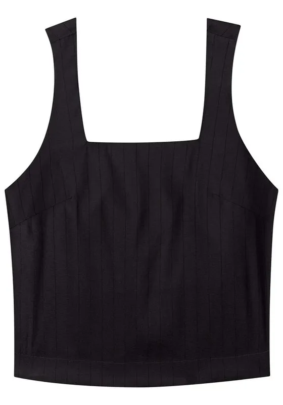 Blusa Curta Em Alfaiataria Com Decote Reto E Riscas De Giz PRETO P