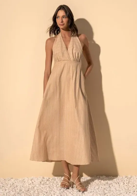 Vestido Chá Frente Única Com Decote Em V E Bolsos Laterais MARROM ESPERADO G