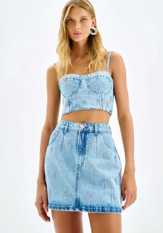 Saia Jeans Curta Cintura Alta com Strass JEANS 42