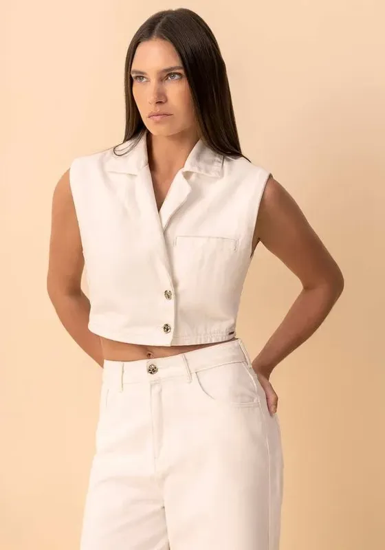 Colete Curto De Sarja Com Lapelas E Detalhes Em Alfaiataria OFF WHITE M