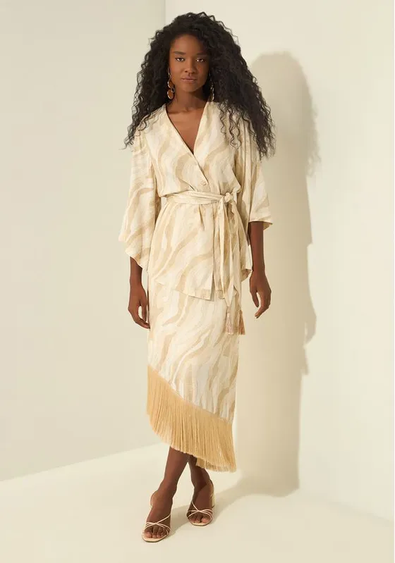 Kaftan Estampado Com Mangas 3/4 NATURAL BEGE P