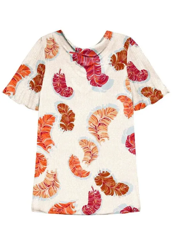 Blusa De Mangas Curtas Estampada Em Crepe Alfaiataria BANANEIRA BEGE P