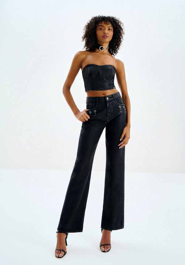 Calça Jeans Gloss Reta Cintura Alta com Ilhós PRETO REATIVO 44