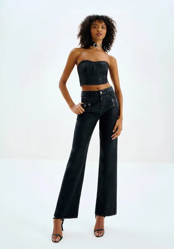 Calça Jeans Gloss Reta Cintura Alta com Ilhós PRETO REATIVO 44