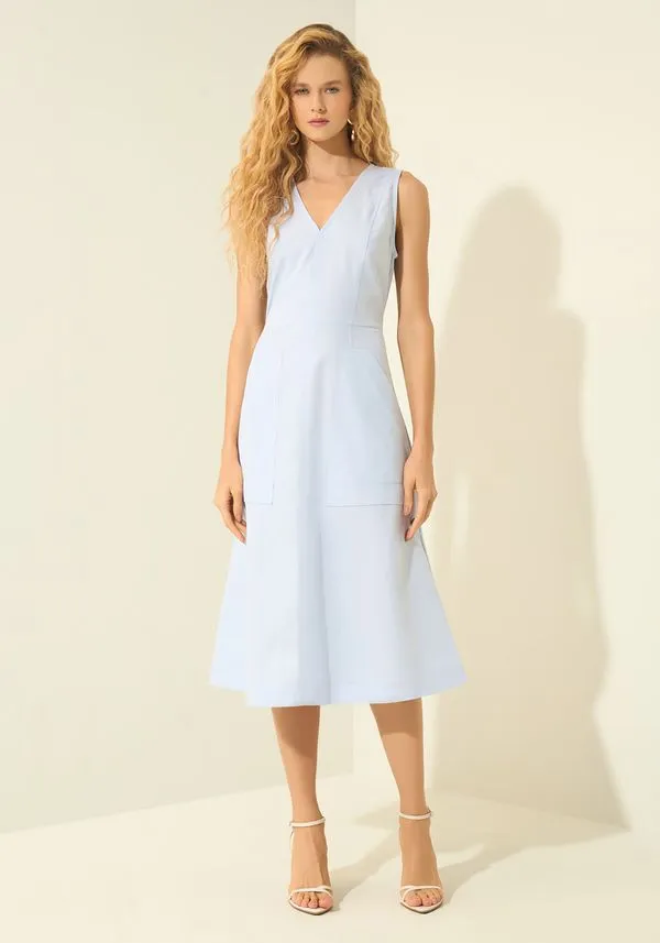 Vestido Midi Em Alfaiataria Com Decote Em V AZUL PUPPY P