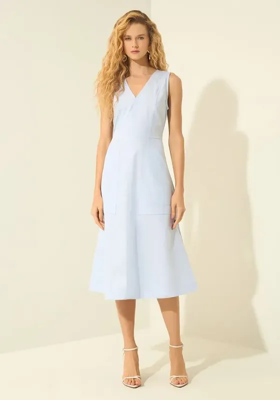 Vestido Midi Em Alfaiataria Com Decote Em V AZUL PUPPY P