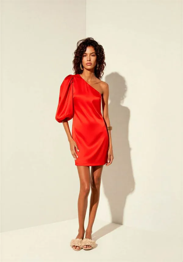 Vestido Curto Com Manga Única Bufante Em Cetim VERMELHO REDDISH PP