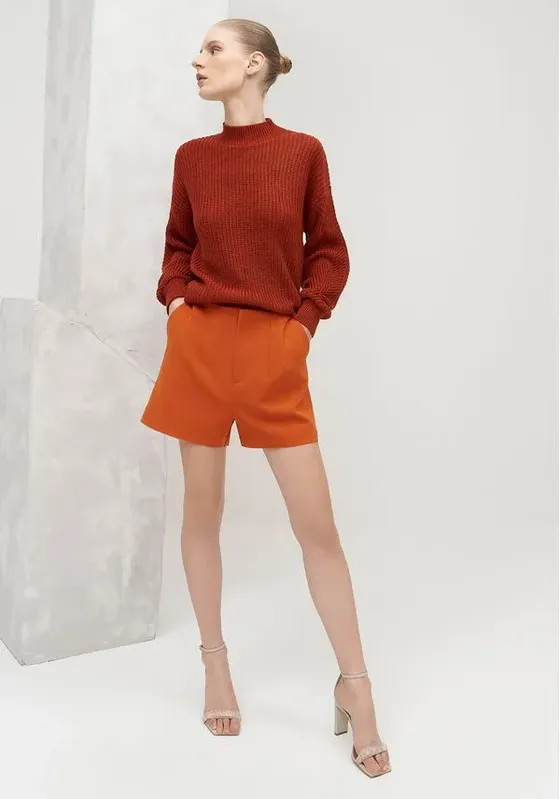Shorts Cintura Alta Alfaiataria com Bolsos LARANJA RADIANTE PP