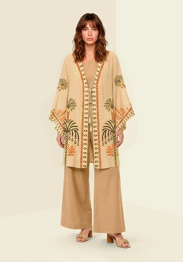 Kaftan Estampado Com Amarração TROPICALIA BEGE P