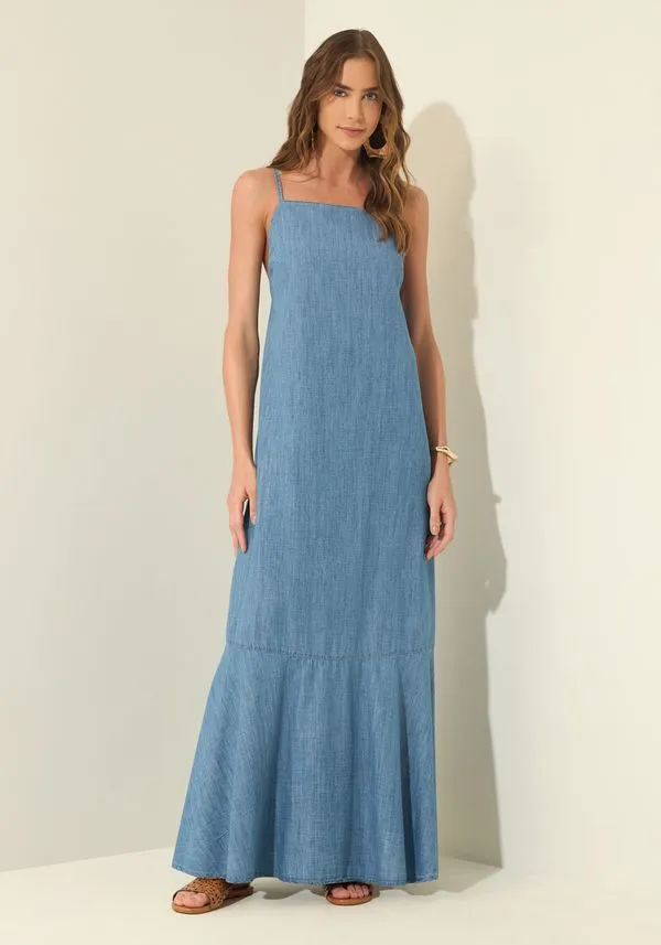 Vestido Jeans Longo De Alças Com Linho JEANS G