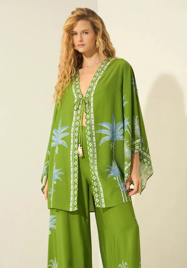 Kaftan Estampado Com Amarração MAXI GRAVURA VERDE PP