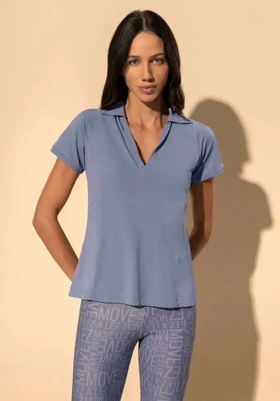 Blusa De Mangas Curtas Com Decote Em V E Gola Move AZUL DENIM PP