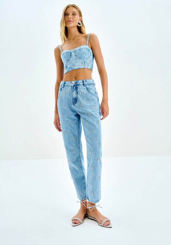 Calça Jeans Mom Cintura Alta com Strass JEANS 38