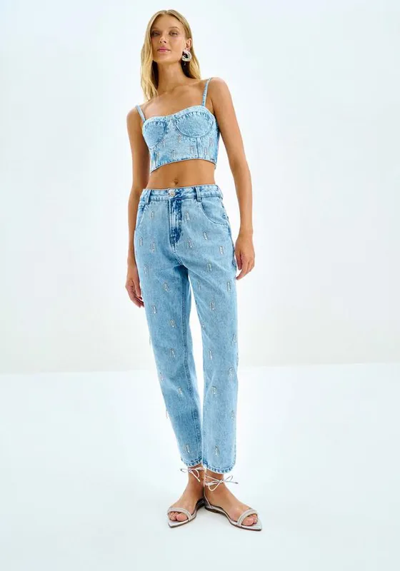 Calça Jeans Mom Cintura Alta com Strass JEANS 40
