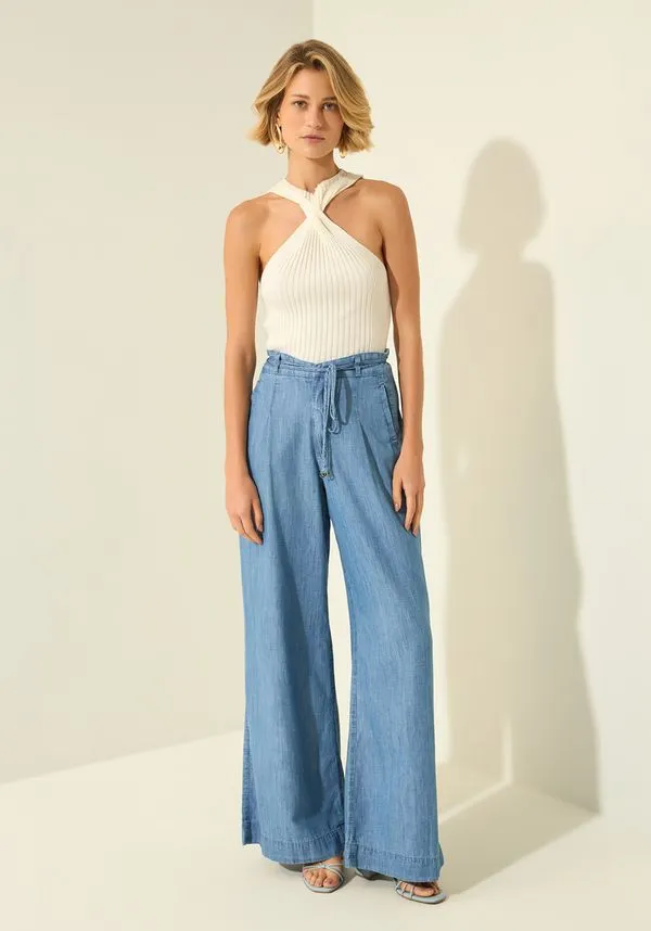 Calça Pantalona Jeans De Cintura Alta Com Linho JEANS 46