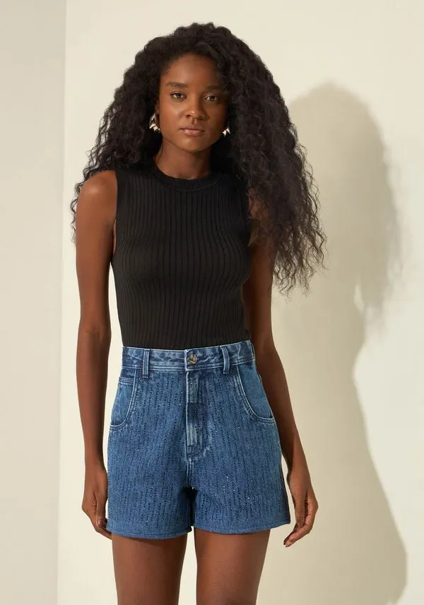 Shorts Mom Jeans De Cintura Alta Com Aplicações JEANS 34